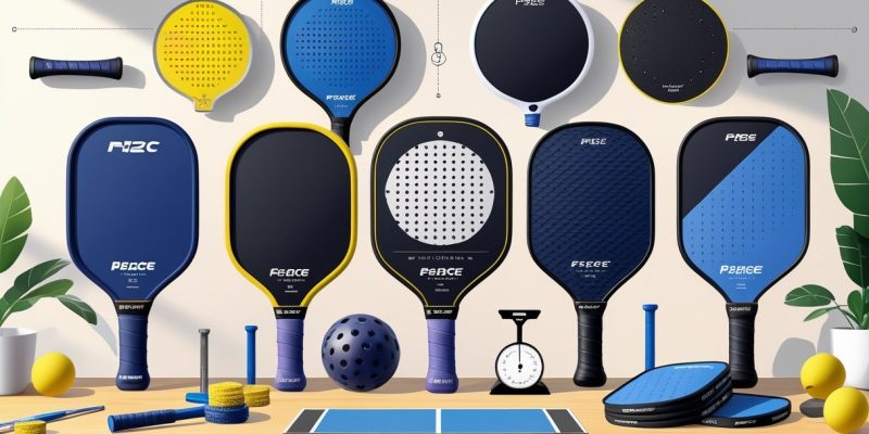 A collection of pickleball paddles displayed on a table with hands demonstrating grip and tools showing different paddle features.