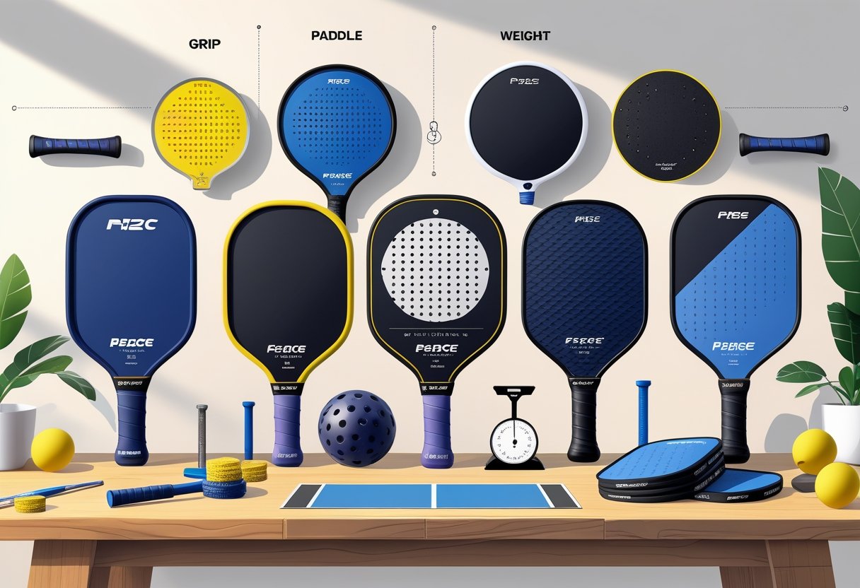 A collection of pickleball paddles displayed on a table with hands demonstrating grip and tools showing different paddle features.